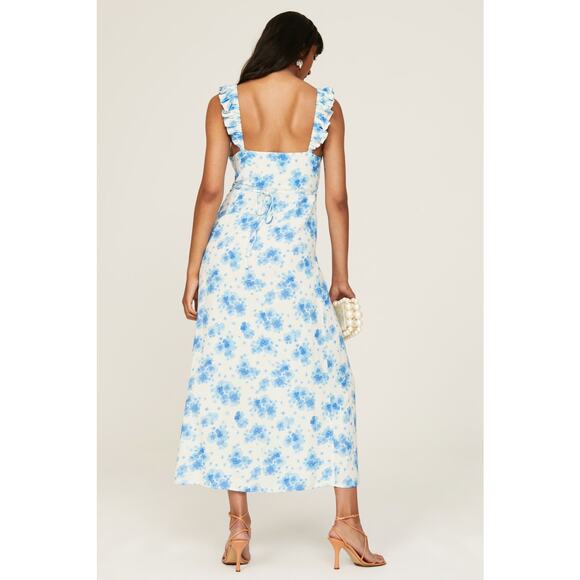 Rixo XS 0-2 Blue White Floral Print Cecile Sleeveless Ruffled Midi Dress print - Picture 3 of 7